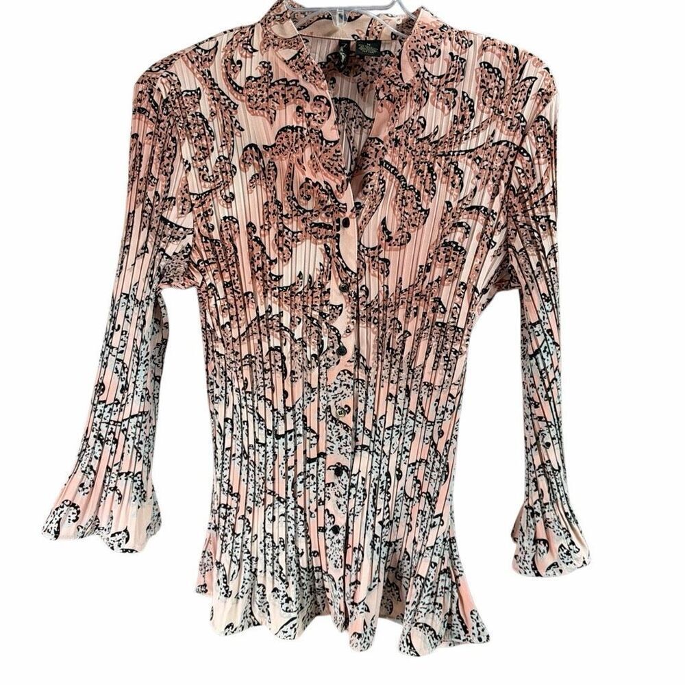 NUE OPTIONS Women’s Medium Pink Black Paisley Pleated Blouse Ruffle Sleeve Top